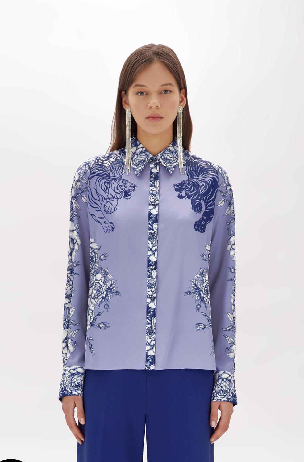 Blu Girl Printed satin shirt with rhinestones - Vanity Boutique