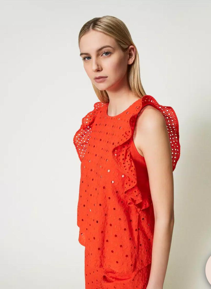 Twin Set Eyelet embroidery top with ruffles. - Vanity Boutique