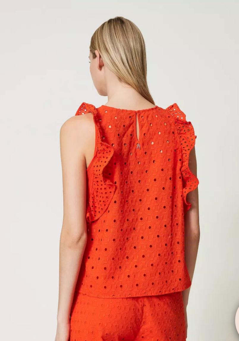 Twin Set Eyelet embroidery top with ruffles. - Vanity Boutique